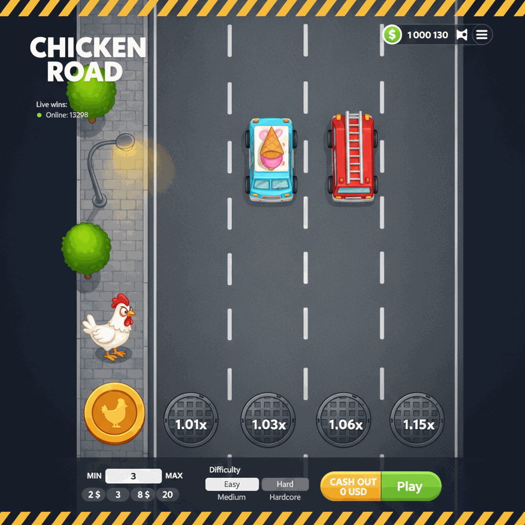 Schermata di gioco Chicken Road di InOut che mostra un pollo cartoon che attraversa una strada a più corsie vista dall'alto con moltiplicatori crescenti su ciascuna corsia, limite scommessa minimo 0.12 e vincita massima 20000, gioco crash in tempo reale con provably fair